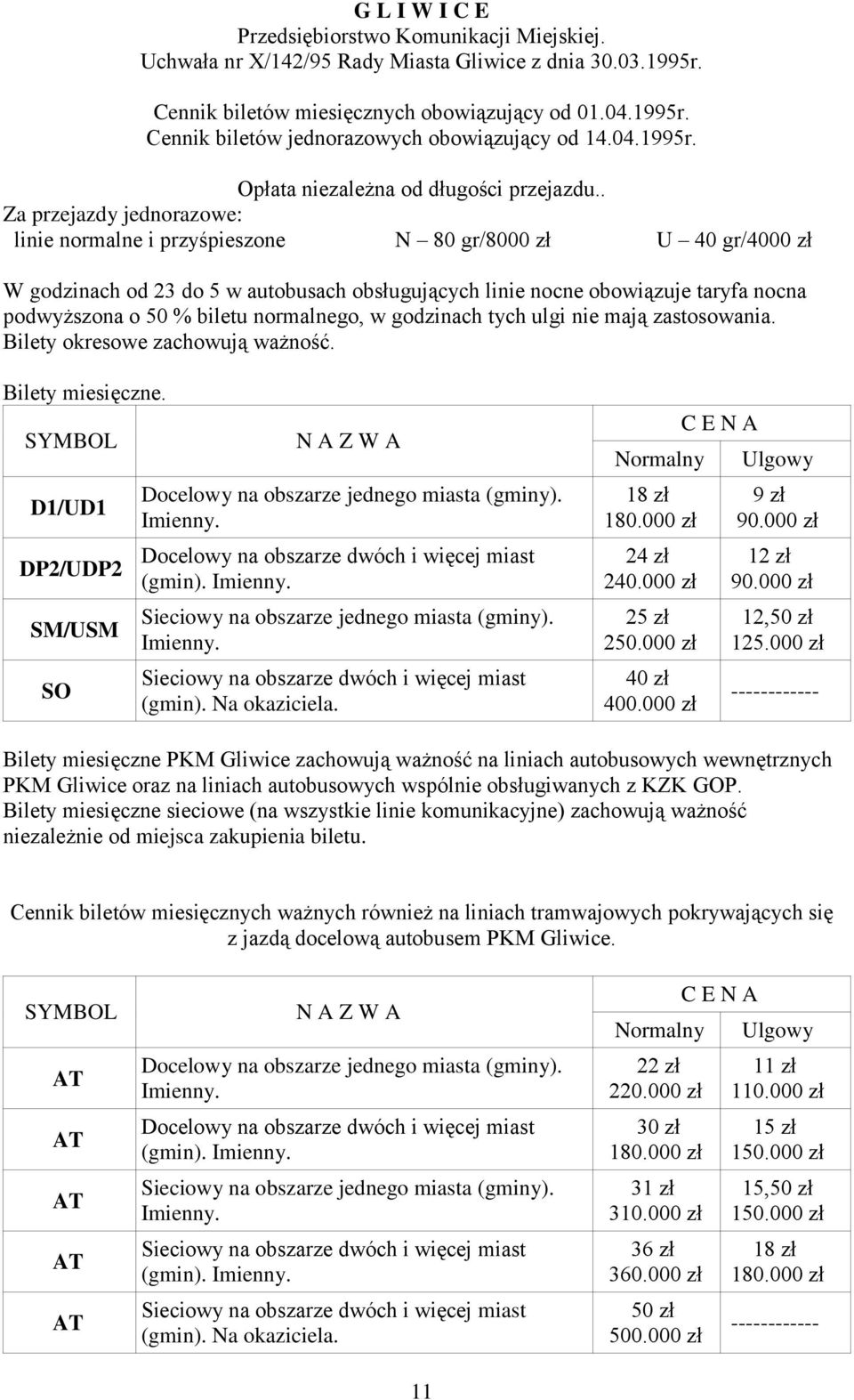 . Za przejazdy jednorazowe: linie normalne i przyśpieszone N 80 gr/8000 zł U 40 gr/4000 zł W godzinach od 23 do 5 w autobusach obsługujących linie nocne obowiązuje taryfa nocna podwyższona o 50 %