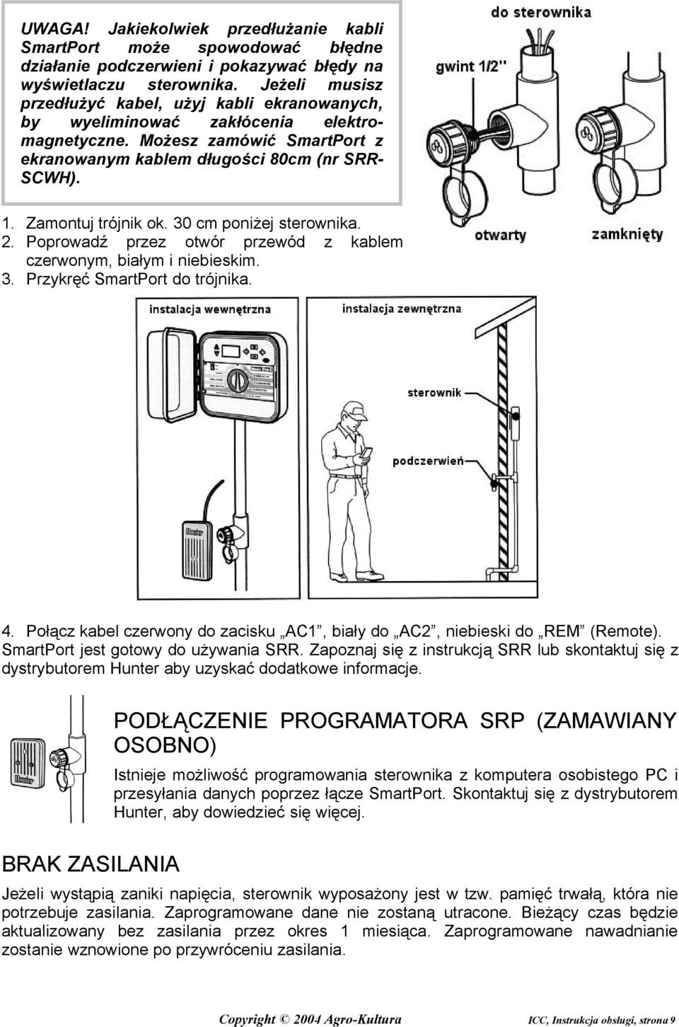 Zamontuj trójnik ok. 30 cm poniżej sterownika. 2. Poprowadź przez otwór przewód z kablem czerwonym, białym i niebieskim. 3. Przykręć SmartPort do trójnika. 4.