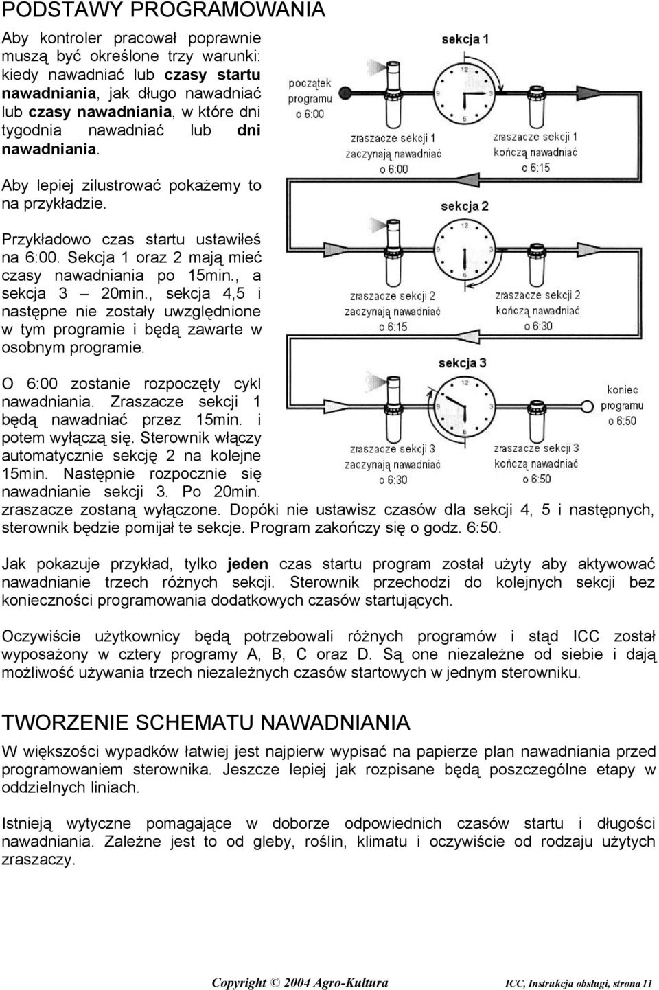 , sekcja 4,5 i następne nie zostały uwzględnione w tym programie i będą zawarte w osobnym programie. O 6:00 zostanie rozpoczęty cykl nawadniania. Zraszacze sekcji 1 będą nawadniać przez 15min.