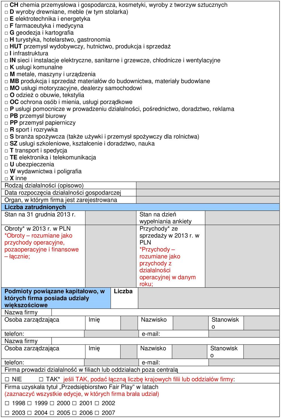 wentylacyjne K usługi komunalne M metale, maszyny i urządzenia MB produkcja i sprzedaż materiałów do budownictwa, materiały budowlane MO usługi motoryzacyjne, dealerzy samochodowi O odzież o obuwie,