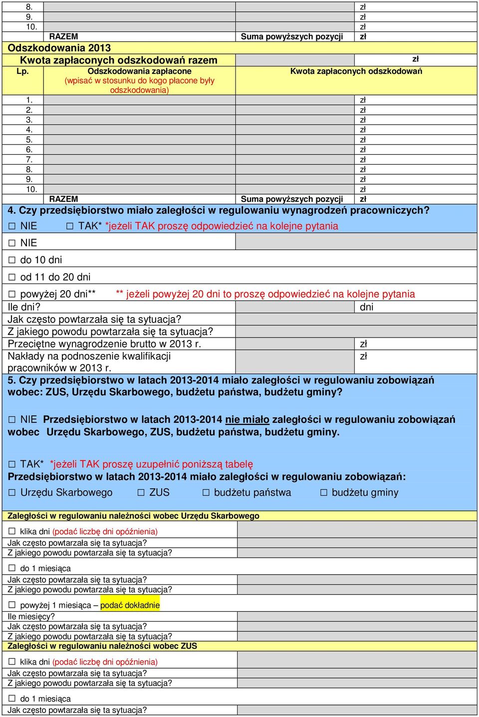 Czy przedsiębiorstwo miało zaległości w regulowaniu wynagrodzeń pracowniczych? TAK* *jeżeli TAK proszę odpowiedzieć na kolejne pytania do 10 dni od 11 do 20 dni powyżej 20 dni** Ile dni?