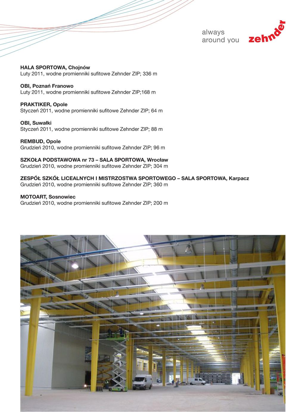 promienniki sufitowe Zehnder ZIP; 96 m SZKOŁA PODSTAWOWA nr 73 SALA SPORTOWA, Wrocław Grudzień 2010, wodne promienniki sufitowe Zehnder ZIP; 304 m ZESPÓŁ SZKÓŁ LICEALNYCH I