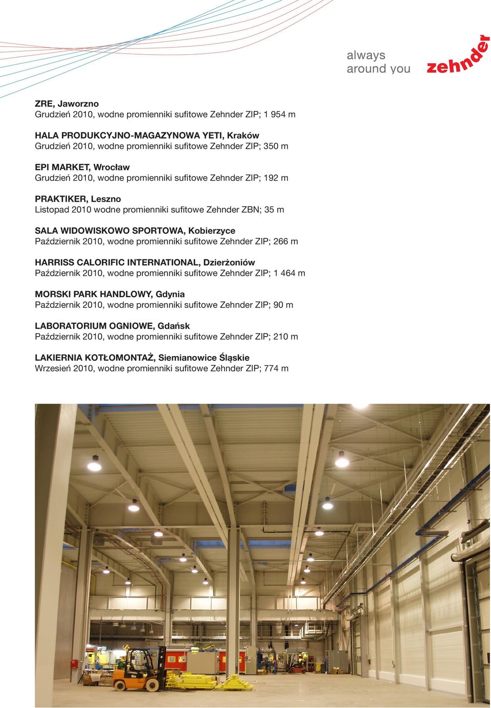promienniki sufitowe Zehnder ZIP; 266 m HARRISS CALORIFIC INTERNATIONAL, Dzierżoniów Październik 2010, wodne promienniki sufitowe Zehnder ZIP; 1 464 m MORSKI PARK HANDLOWY, Gdynia Październik 2010,