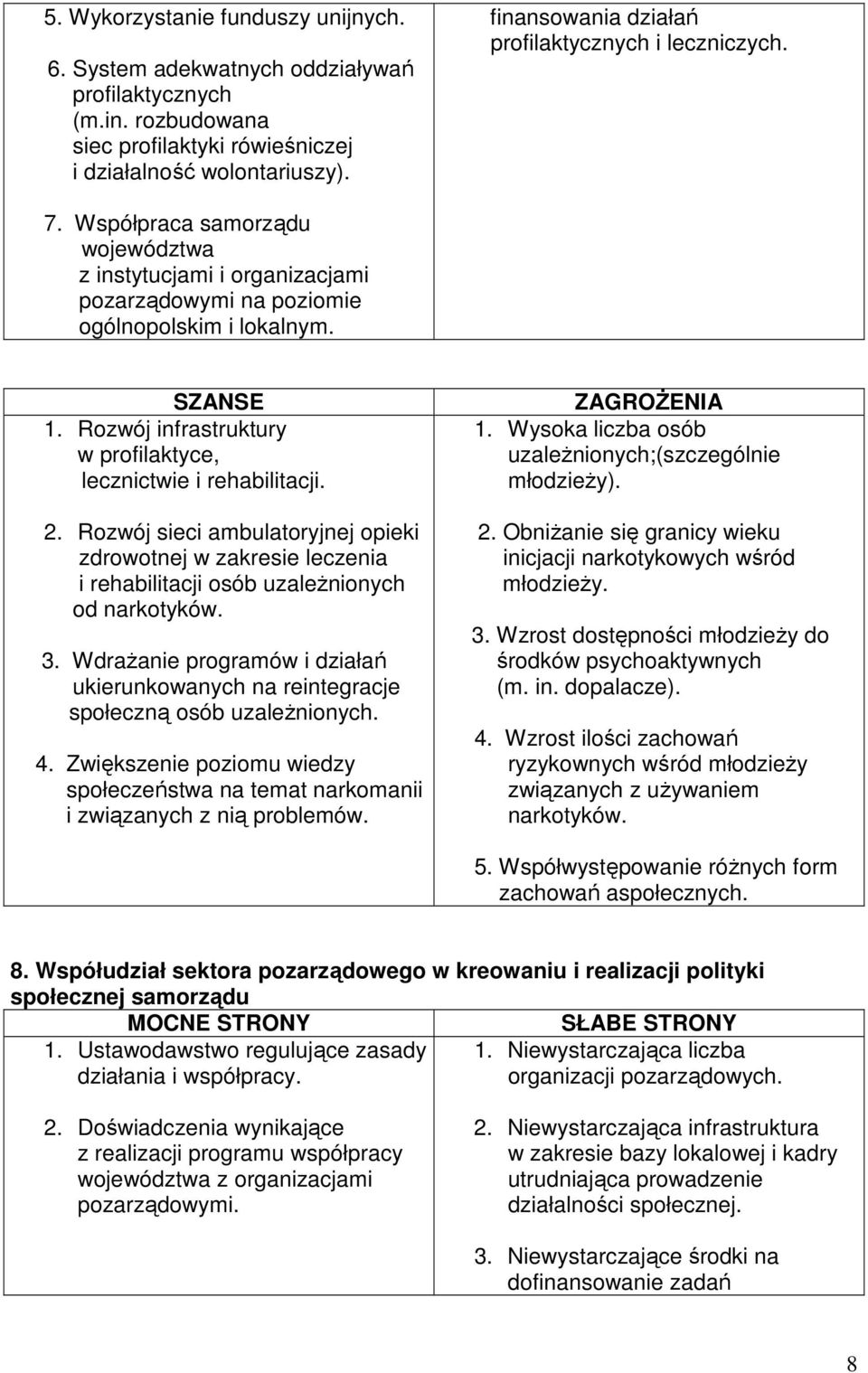 Rozwój infrastruktury w profilaktyce, lecznictwie i rehabilitacji. 2. Rozwój sieci ambulatoryjnej opieki zdrowotnej w zakresie leczenia i rehabilitacji osób uzaleŝnionych od narkotyków. 3.