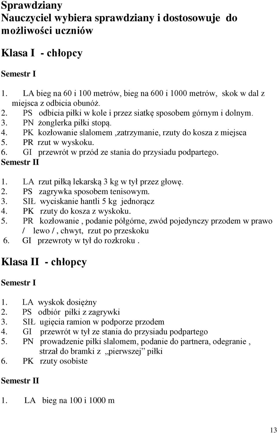 PK kozłowanie slalomem,zatrzymanie, rzuty do kosza z miejsca 5. PR rzut w wyskoku. 6. GI przewrót w przód ze stania do przysiadu podpartego. Semestr II 1.