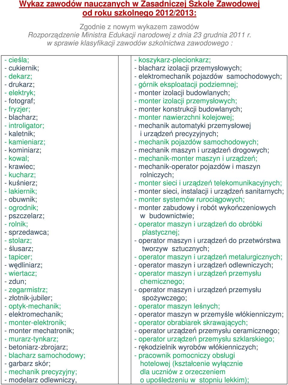 kominiarz; - kowal; - krawiec; - kucharz; - kuśnierz; - lakiernik; - obuwnik; - ogrodnik; - pszczelarz; - rolnik; - sprzedawca; - stolarz; - ślusarz; - tapicer; - wędliniarz; - wiertacz; - zdun; -