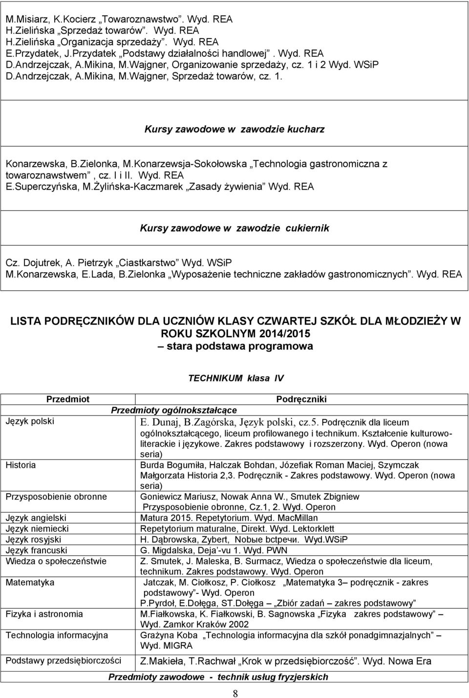 Zielonka, M.Konarzewsja-Sokołowska Technologia gastronomiczna z towaroznawstwem, cz. I i II. Wyd. REA E.Superczyńska, M.Żylińska-Kaczmarek Zasady żywienia Wyd.