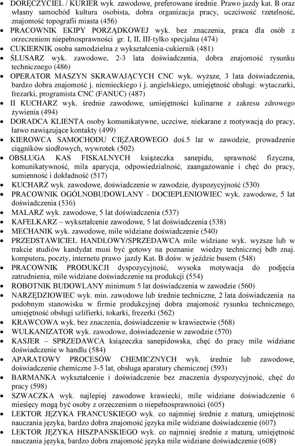 bez znaczenia, praca dla osób z orzeczeniem niepełnosprawności gr. I, II, III-tylko specjalna (474) CUKIERNIK osoba samodzielna z wykształcenia-cukiernik (481) ŚLUSARZ wyk.