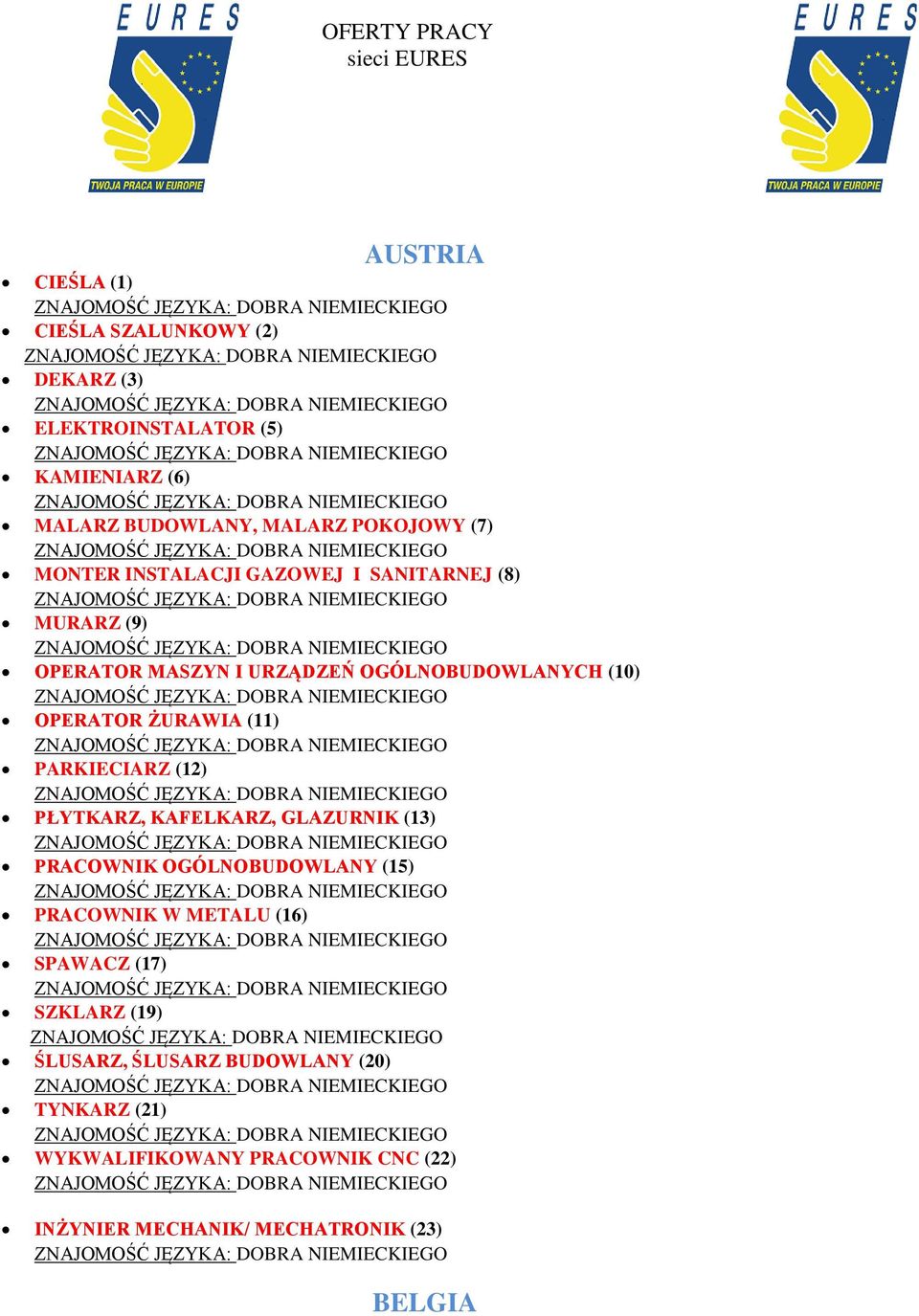 ŻURAWIA (11) PARKIECIARZ (12) PŁYTKARZ, KAFELKARZ, GLAZURNIK (13) PRACOWNIK OGÓLNOBUDOWLANY (15) PRACOWNIK W METALU (16) SPAWACZ (17)