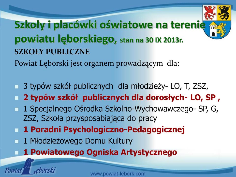 T, ZSZ, 2 typów szkół publicznych dla dorosłych- LO, SP, 1 Specjalnego Ośrodka Szkolno-Wychowawczego- SP, G,