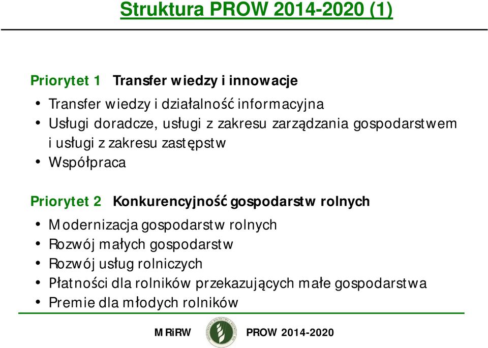 Priorytet 2 Konkurencyjno gospodarstw rolnych Modernizacja gospodarstw rolnych Rozwój ma ych