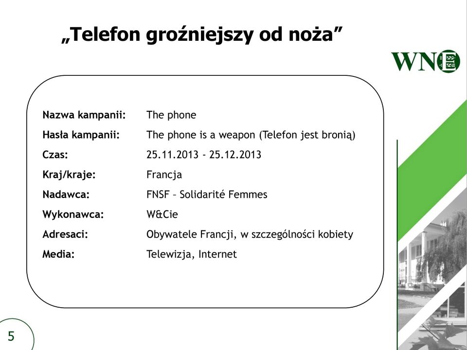 2013 Kraj/kraje: Nadawca: Wykonawca: Adresaci: Media: Francja FNSF