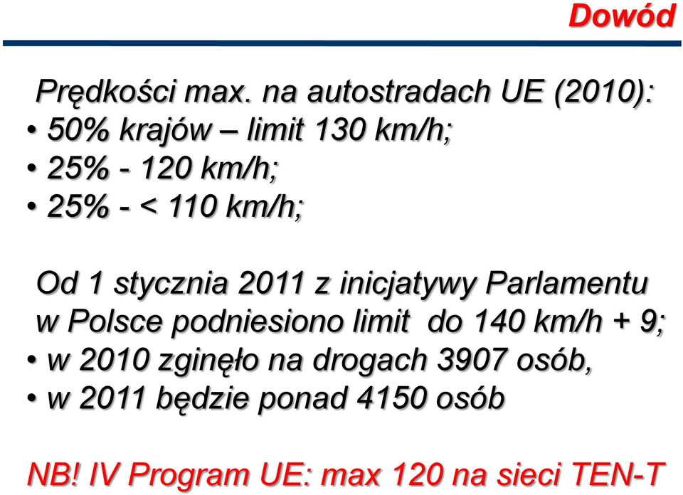 < 110 km/h; Od 1 stycznia 2011 z inicjatywy Parlamentu w Polsce podniesiono