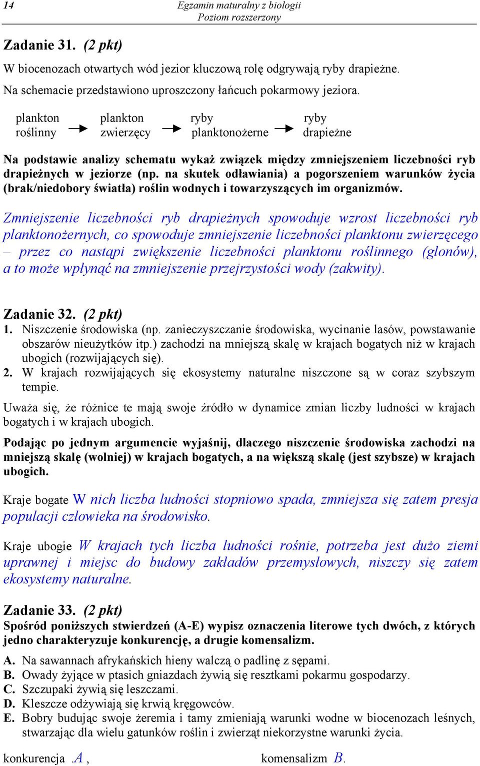 na skutek odławiania) a pogorszeniem warunków życia (brak/niedobory światła) roślin wodnych i towarzyszących im organizmów.