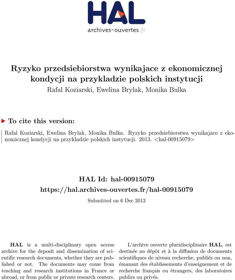 fr/hal-00915079 Submitted on 6 Dec 2013 HAL is a multi-disciplinary open access archive for the deposit and dissemination of scientific research documents, whether they are published or not.