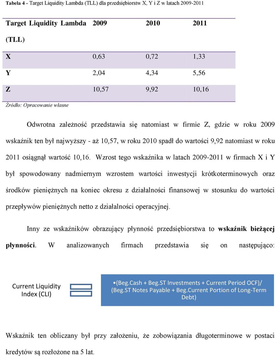 Wzrost tego wskaźnika w latach 2009-2011 w firmach X i Y był spowodowany nadmiernym wzrostem wartości inwestycji krótkoterminowych oraz środków pieniężnych na koniec okresu z działalności finansowej