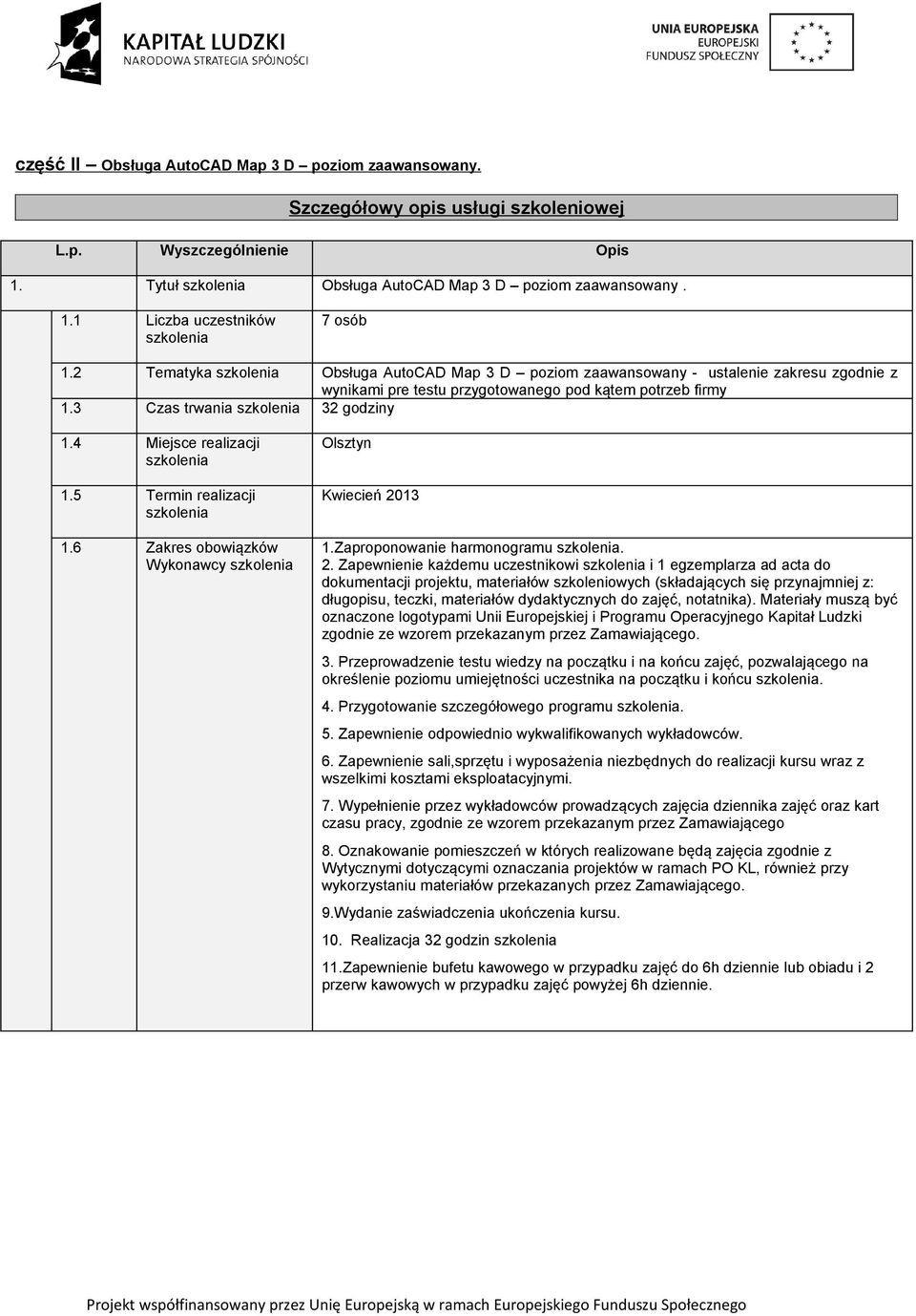 3 Czas trwania 32 godziny Wykonawcy Kwiecień 2013 1.Zaproponowanie harmonogramu. 2. Zapewnienie każdemu uczestnikowi i 1 egzemplarza ad acta do określenie poziomu umiejętności uczestnika na początku i końcu.