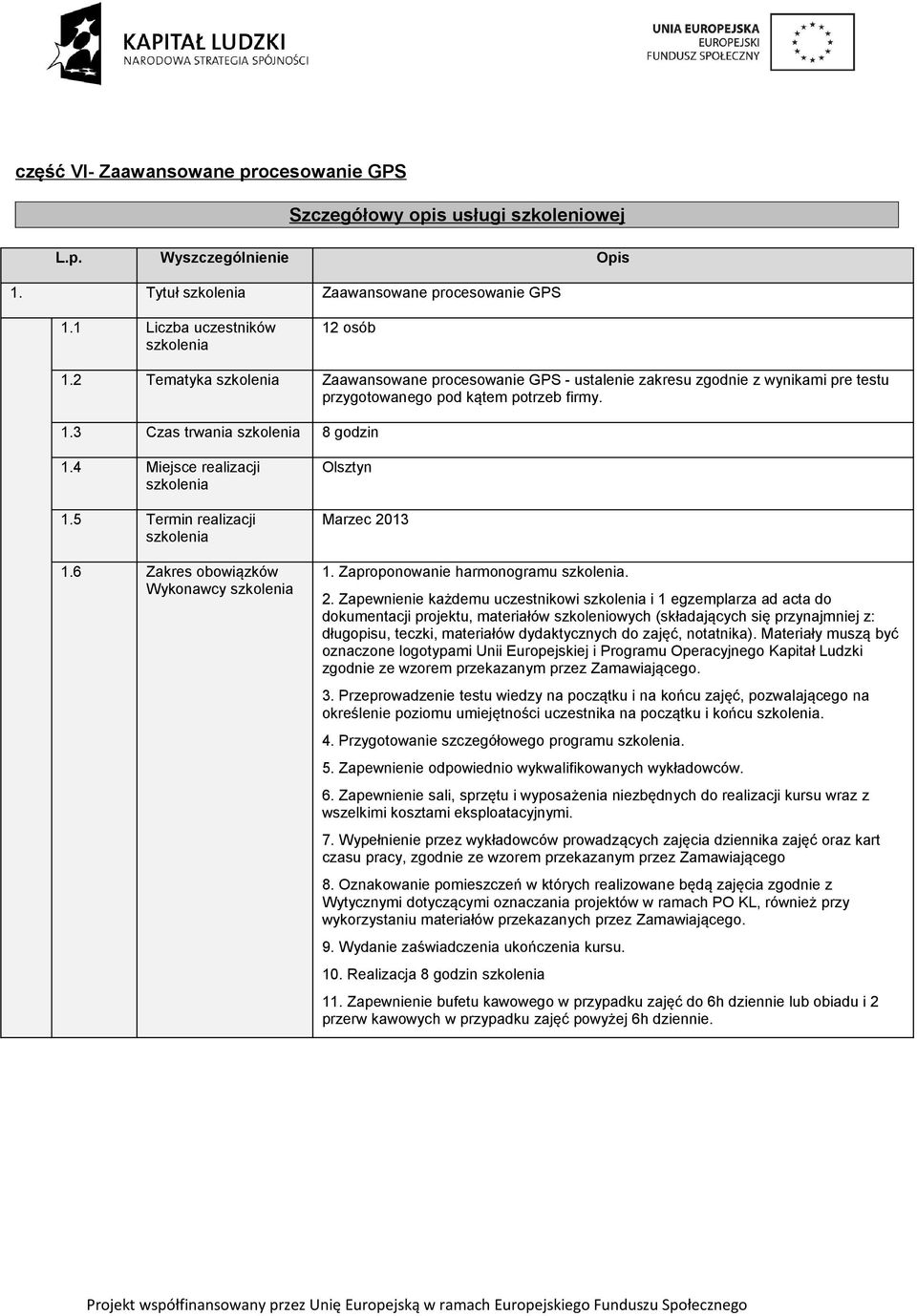 3 Czas trwania 8 godzin Wykonawcy Marzec 2013 1. Zaproponowanie harmonogramu. 2. Zapewnienie każdemu uczestnikowi i 1 egzemplarza ad acta do określenie poziomu umiejętności uczestnika na początku i końcu.