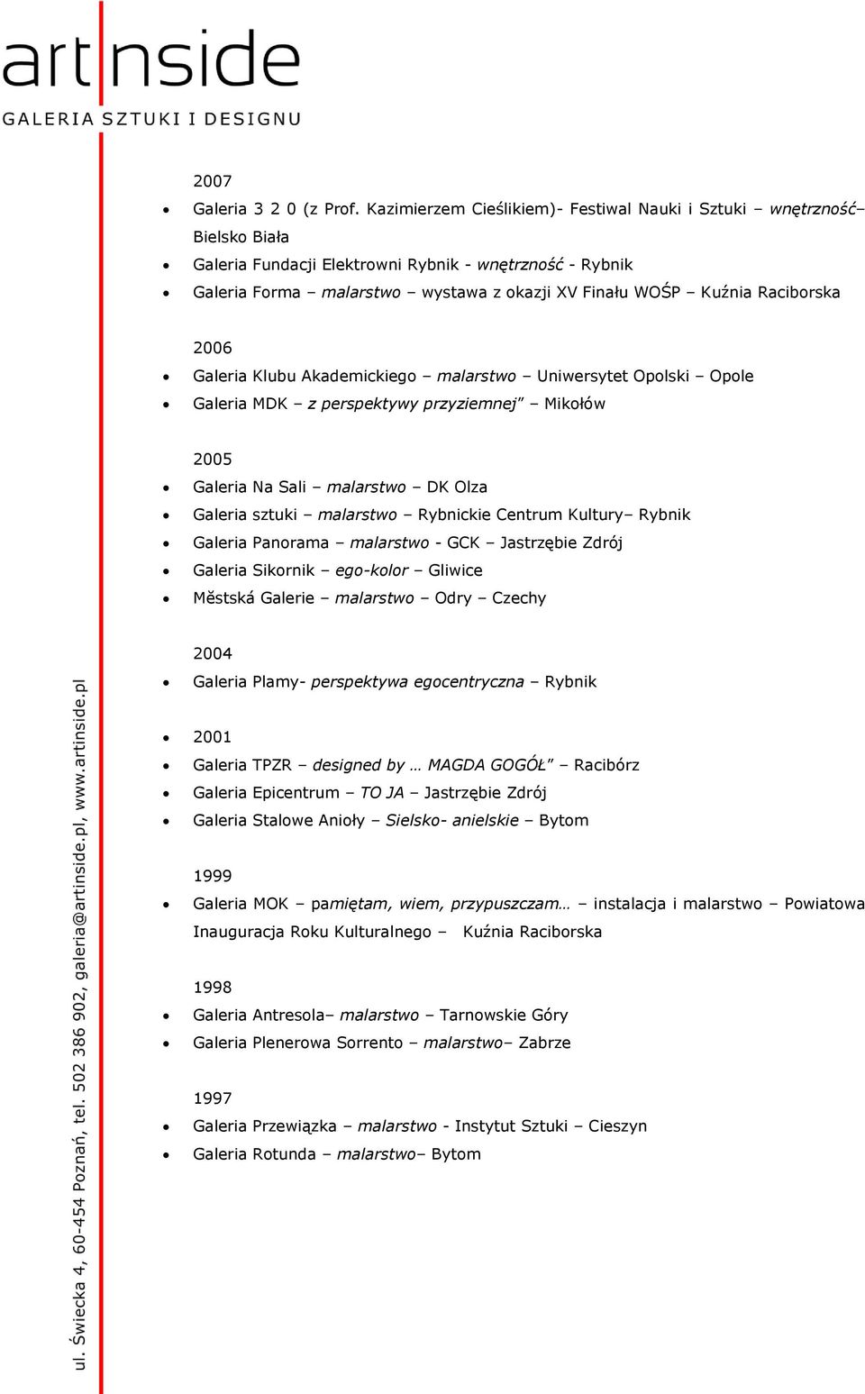 Raciborska 2006 Galeria Klubu Akademickiego malarstwo Uniwersytet Opolski Opole Galeria MDK z perspektywy przyziemnej Mikołów 2005 Galeria Na Sali malarstwo DK Olza Galeria sztuki malarstwo Rybnickie