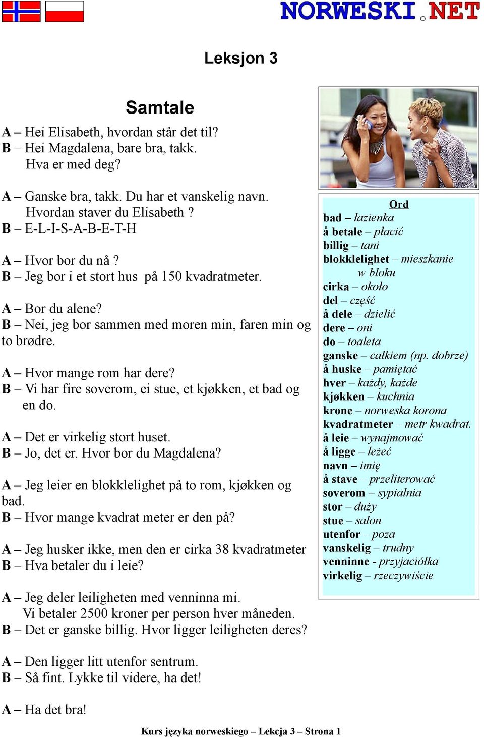 B Vi har fire soverom, ei stue, et kjøkken, et bad og en do. A Det er virkelig stort huset. B Jo, det er. Hvor bor du Magdalena? A Jeg leier en blokklelighet på to rom, kjøkken og bad.