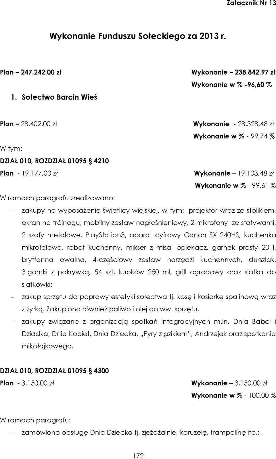 103,48 zł Wykonanie w % - 99,61 % W ramach paragrafu zrealizowano: zakupy na wyposażenie świetlicy wiejskiej, w tym: projektor wraz ze stolikiem, ekran na trójnogu, mobilny zestaw nagłośnieniowy, 2