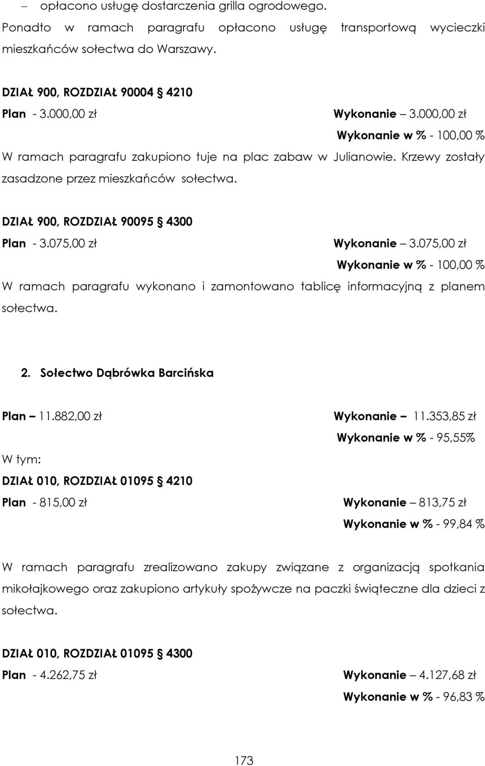 075,00 zł Wykonanie 3.075,00 zł W ramach paragrafu wykonano i zamontowano tablicę informacyjną z planem sołectwa. 2. Sołectwo Dąbrówka Barcińska Plan 11.882,00 zł Plan - 815,00 zł Wykonanie 11.