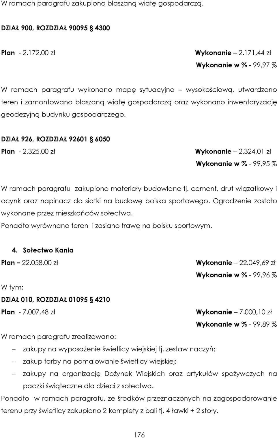 gospodarczego. DZIAŁ 926, ROZDZIAŁ 92601 6050 Plan - 2.325,00 zł Wykonanie 2.324,01 zł Wykonanie w % - 99,95 % W ramach paragrafu zakupiono materiały budowlane tj.