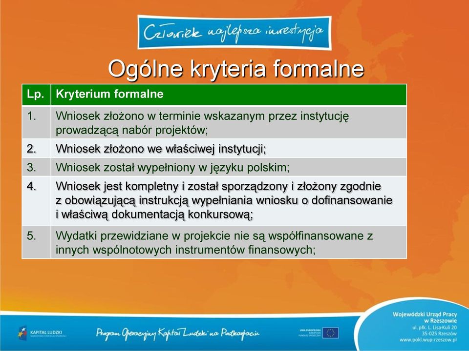 Wniosek złożono we właściwej instytucji; 3. Wniosek został wypełniony w języku polskim; 4.