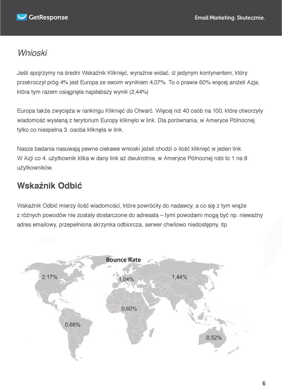 Więcej niż 40 osób na 100, które otworzyły wiadomość wysłaną z terytorium Europy kliknęło w link. Dla porównania, w Ameryce Północnej tylko co niespełna 3. osoba kliknęła w link.