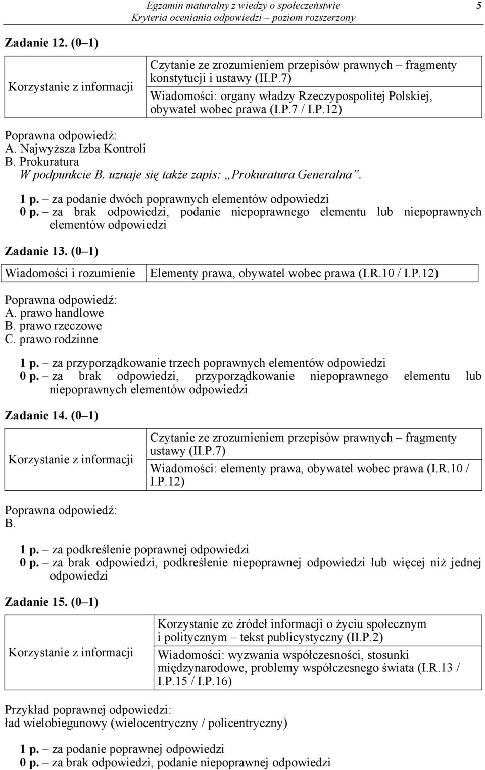 1 p. za podanie dwóch poprawnych 0 p. za brak odpowiedzi, podanie niepoprawnego elementu lub niepoprawnych Zadanie 13. (0 1) Elementy prawa, obywatel wobec prawa (I.R.10 / I.P.12) A. prawo handlowe B.