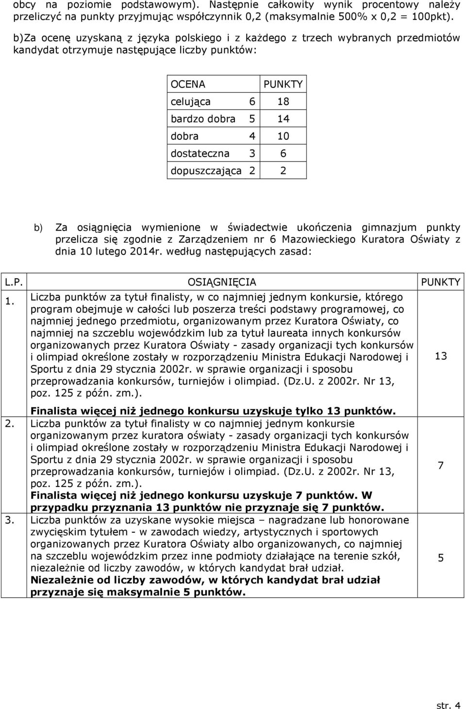 6 dopuszczająca 2 2 b) Za osiągnięcia wymienione w świadectwie ukończenia gimnazjum punkty przelicza się zgodnie z Zarządzeniem nr 6 Mazowieckiego Kuratora Oświaty z dnia 10 lutego 2014r.