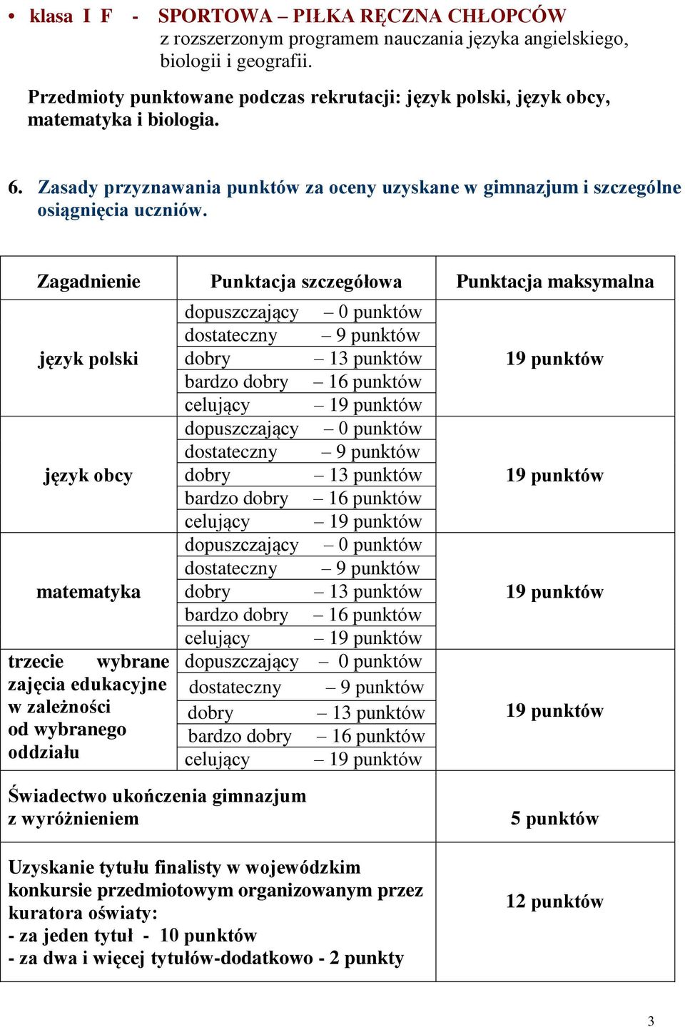 Zagadnienie Punktacja szczegółowa Punktacja maksymalna język polski język obcy matematyka trzecie wybrane zajęcia edukacyjne w zależności od wybranego oddziału dopuszczający 0 punktów dostateczny 9