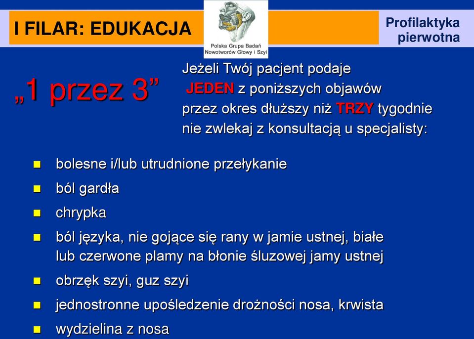 gardła chrypka ból języka, nie gojące się rany w jamie ustnej, białe lub czerwone plamy na błonie