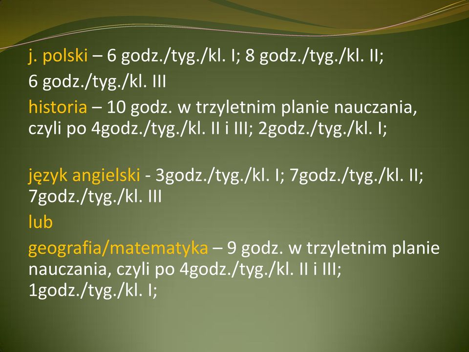 /tyg./kl. I; 7godz./tyg./kl. II; 7godz./tyg./kl. III lub geografia/matematyka 9 godz.