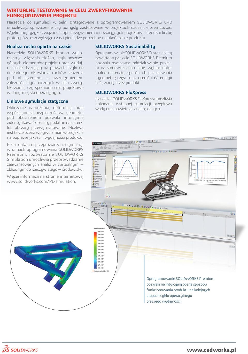 Analiza ruchu oparta na czasie Narzędzie SOLIDWORKS Motion wykorzystuje wiązania złożeń, styk poszczególnych elementów projektu oraz wydajny solver bazujący na prawach fizyki do dokładnego określania