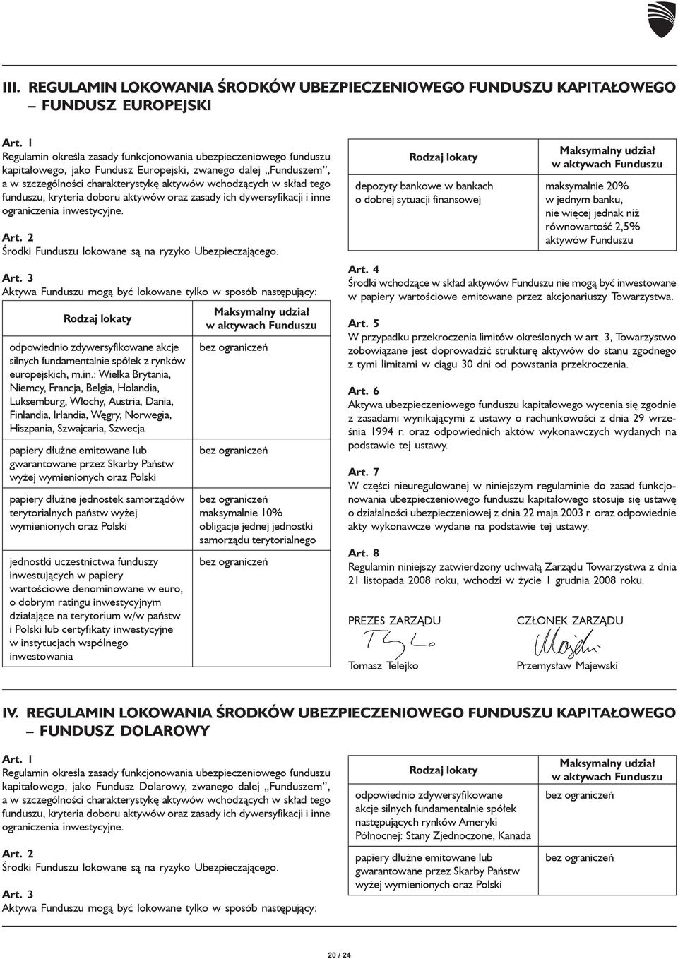 funduszu, kryteria doboru aktywów oraz zasady ich dywersyfikacji i inne ograniczenia inwestycyjne. Art.