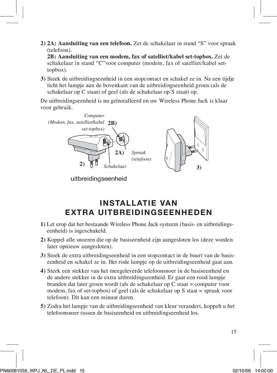 Na een tijdje licht het lampje aan de bovenkant van de uitbreidingseenheid groen (als de schakelaar op C staat) of geel (als de schakelaar op S staat) op.