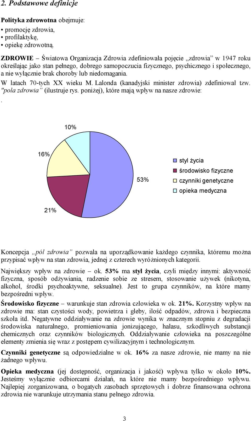 lub niedomagania. W latach 70-tych XX wieku M. Lalonda (kanadyjski minister zdrowia) zdefiniował tzw. "pola zdrowia (ilustruje rys. poniżej), które mają wpływ na nasze zdrowie:.