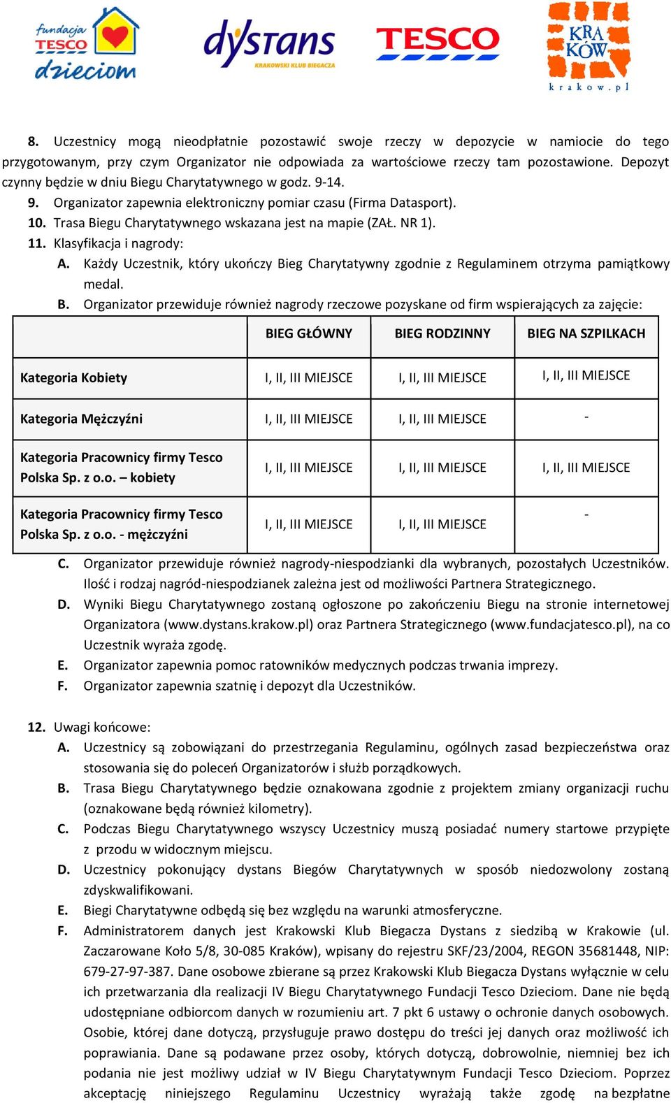 11. Klasyfikacja i nagrody: A. Każdy Uczestnik, który ukończy Bi