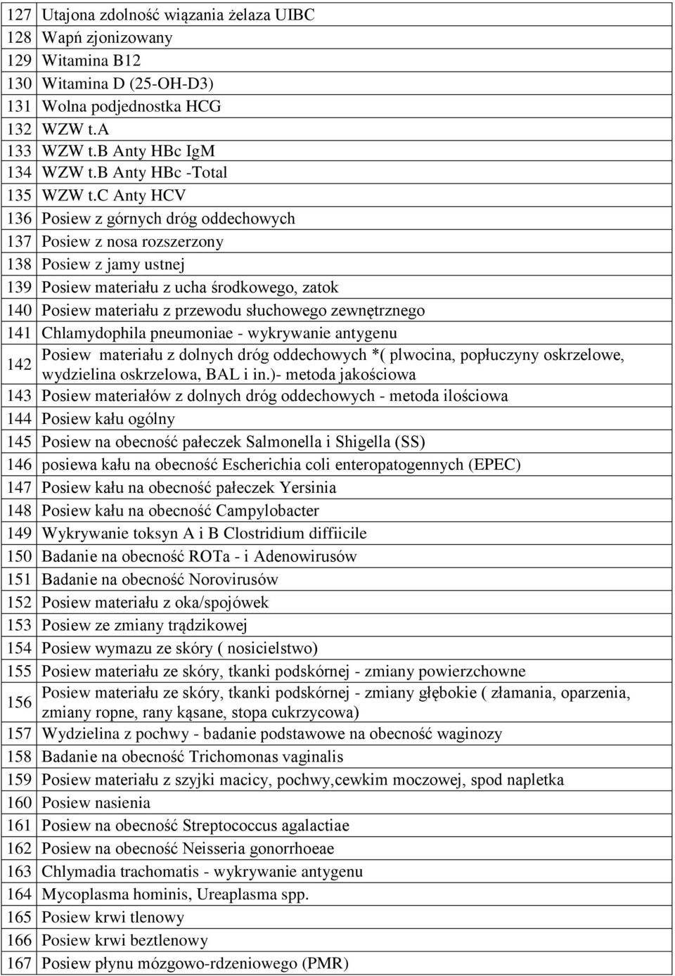c Anty HCV 136 Posiew z górnych dróg oddechowych 137 Posiew z nosa rozszerzony 138 Posiew z jamy ustnej 139 Posiew materiału z ucha środkowego, zatok 140 Posiew materiału z przewodu słuchowego