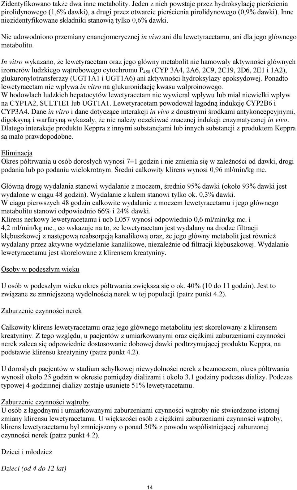 In vitro wykazano, że lewetyracetam oraz jego główny metabolit nie hamowały aktywności głównych izomerów ludzkiego wątrobowego cytochromu P 450 (CYP 3A4, 2A6, 2C9, 2C19, 2D6, 2E1 i 1A2),