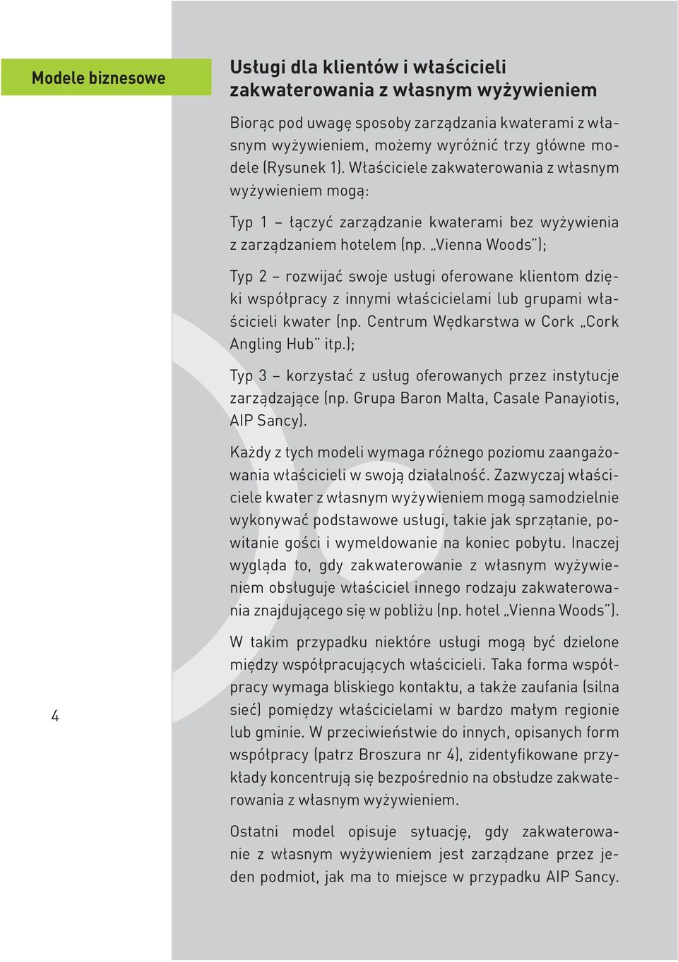 Vienna Woods ); Typ 2 rozwijać swoje usługi oferowane klientom dzięki współpracy z innymi właścicielami lub grupami właścicieli kwater (np. Centrum Wędkarstwa w Cork Cork Angling Hub itp.