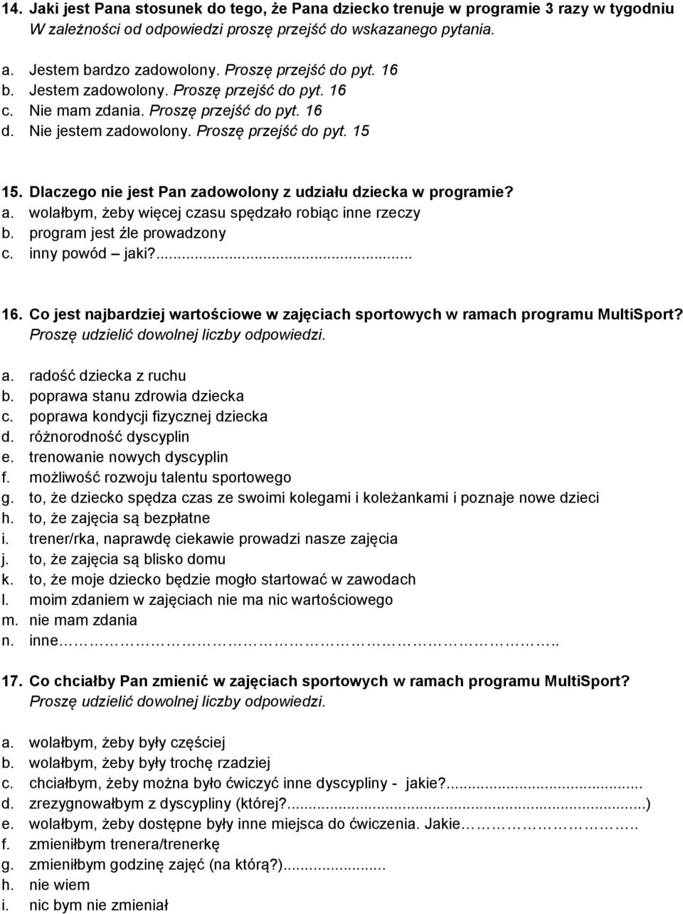 Dlaczego jest Pan zadowolony z udziału dziecka w programie? a. wolałbym, żeby więcej czasu spędzało robiąc inne rzeczy b. program jest źle prowadzony c. inny powód jaki?... 16.