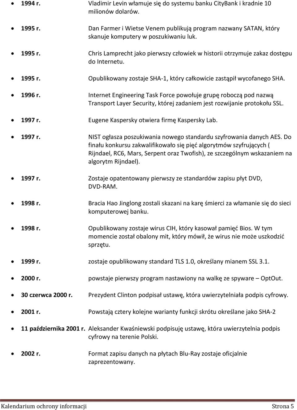 1995 r. Opublikowany zostaje SHA-1, który całkowicie zastąpił wycofanego SHA. 1996 r.