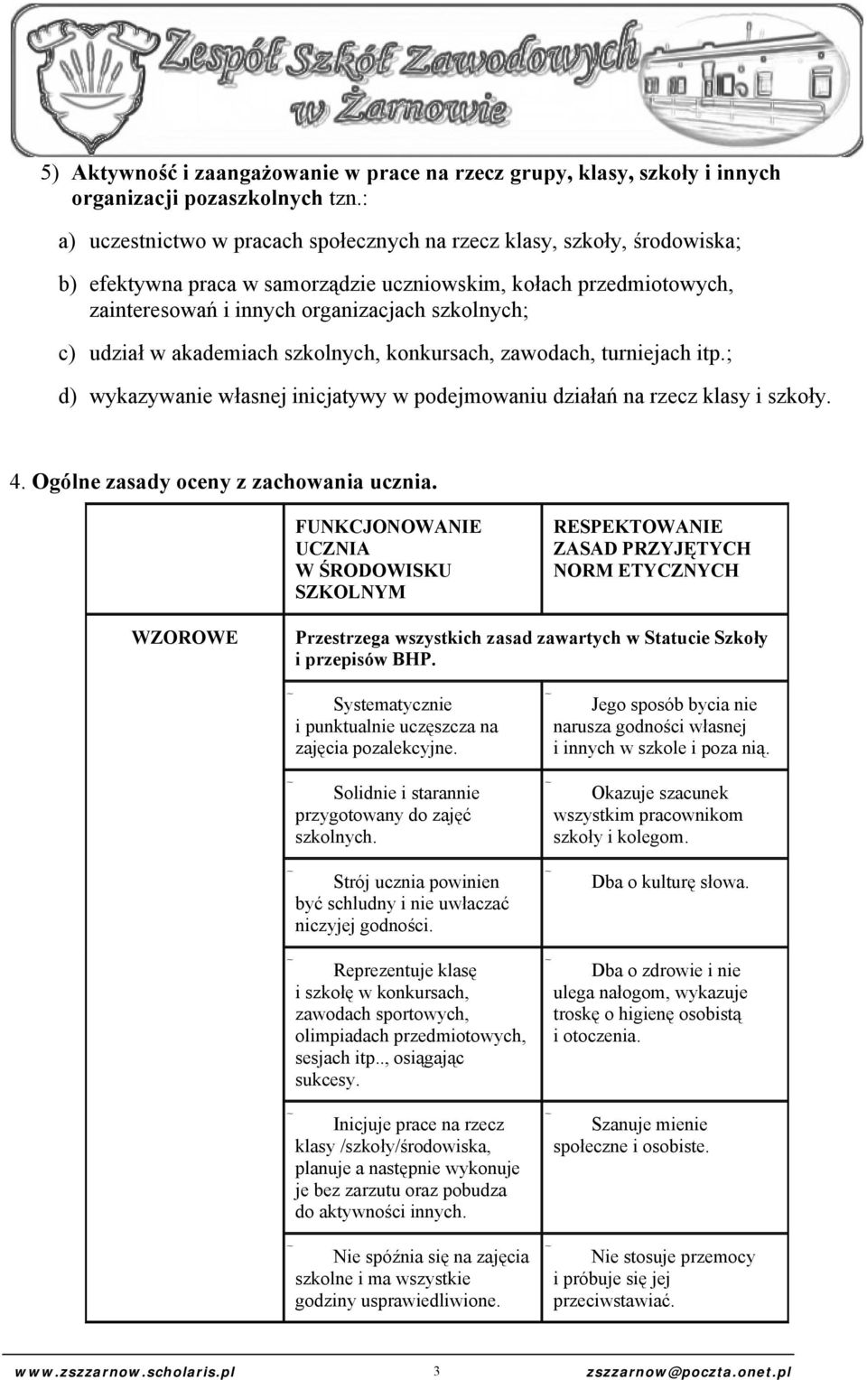 udział w akademiach szkolnych, konkursach, zawodach, turniejach itp.; d) wykazywanie własnej inicjatywy w podejmowaniu działań na rzecz klasy i szkoły. 4. Ogólne zasady oceny z zachowania ucznia.