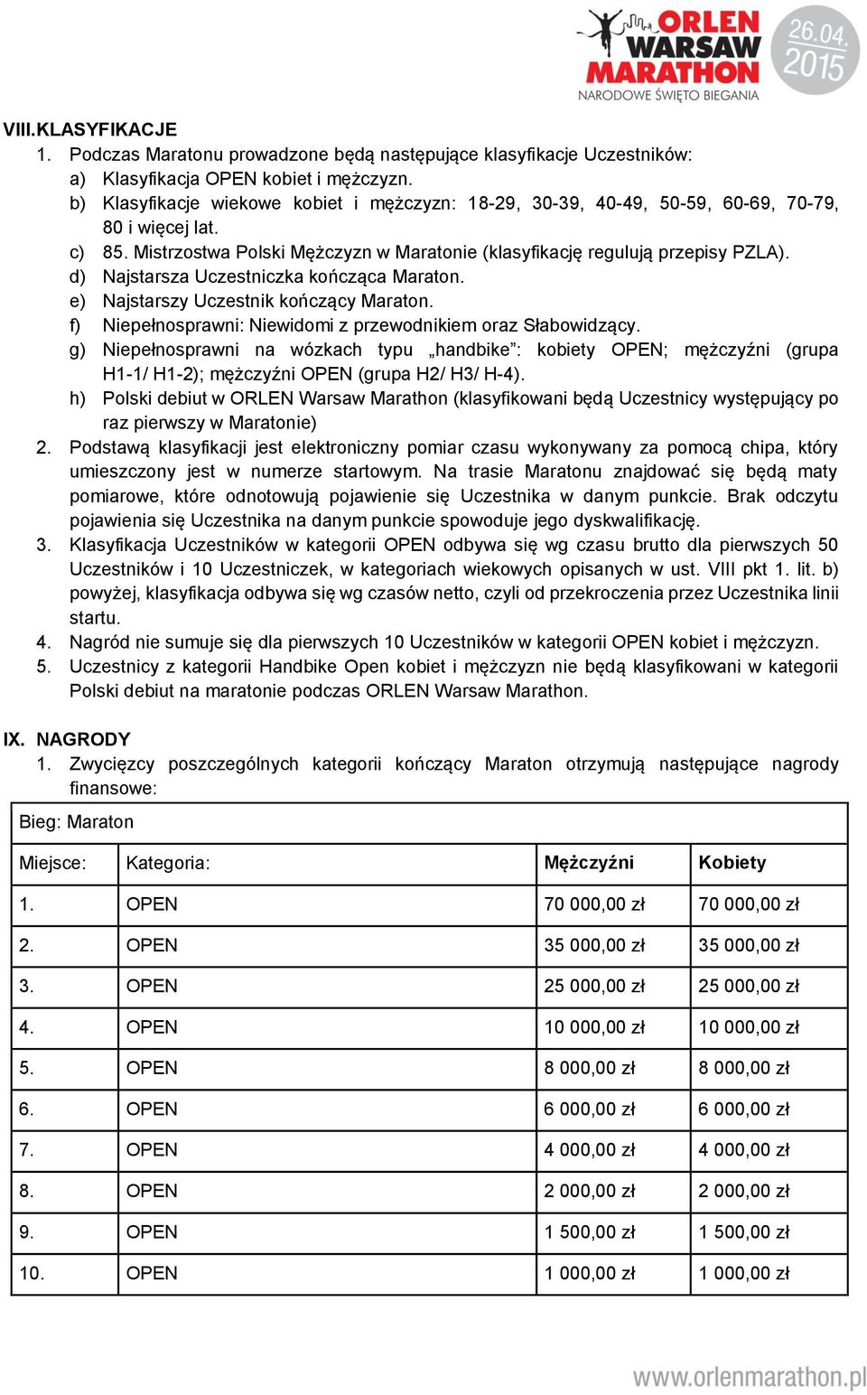 d) Najstarsza Uczestniczka kończąca Maraton. e) Najstarszy Uczestnik kończący Maraton. f) Niepełnosprawni: Niewidomi z przewodnikiem oraz Słabowidzący.