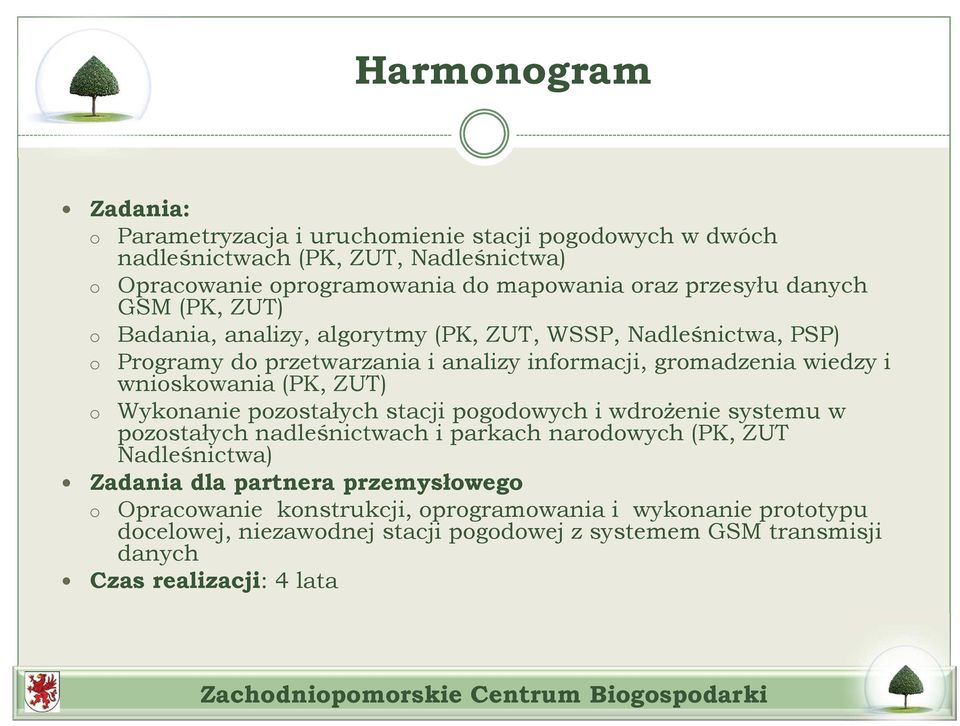 wnioskowania (PK, ZUT) o Wykonanie pozostałych stacji pogodowych i wdrożenie systemu w pozostałych nadleśnictwach i parkach narodowych (PK, ZUT Nadleśnictwa) Zadania dla