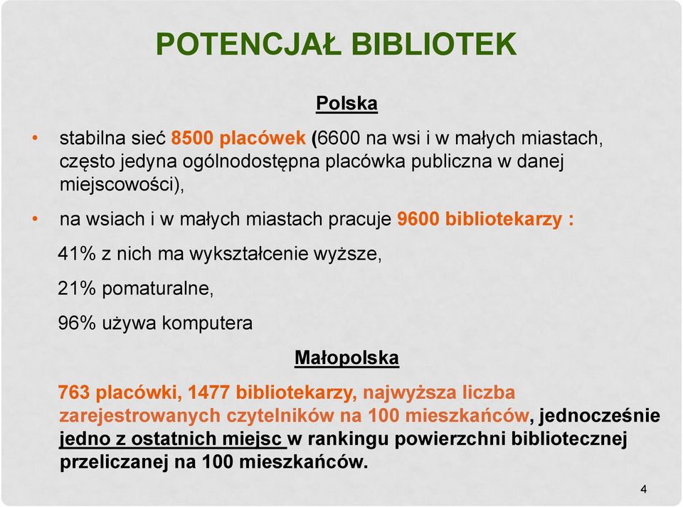 21% pomaturalne, 96% używa komputera Małopolska 763 placówki, 1477 bibliotekarzy, najwyższa liczba zarejestrowanych czytelników