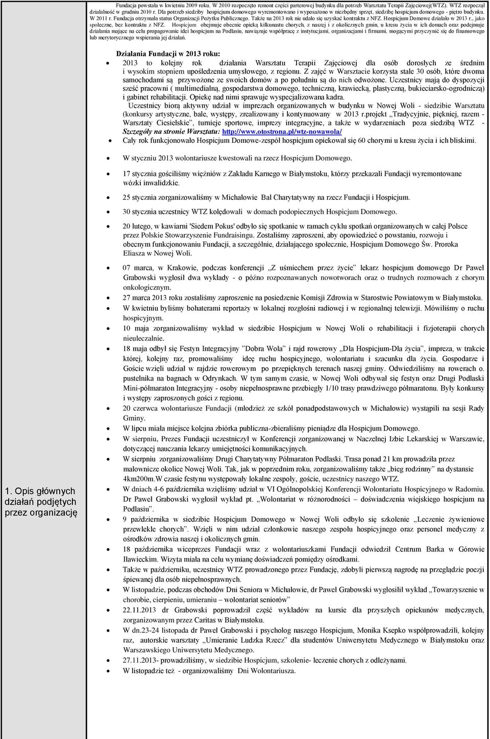 Fundacja otrzymała status Organizacji Pożytku Publicznego. Także na 2013 rok nie udało się uzyskać kontraktu z NFZ. Hospicjum Domowe działało w 2013 r., jako społeczne, bez kontraktu z NFZ.