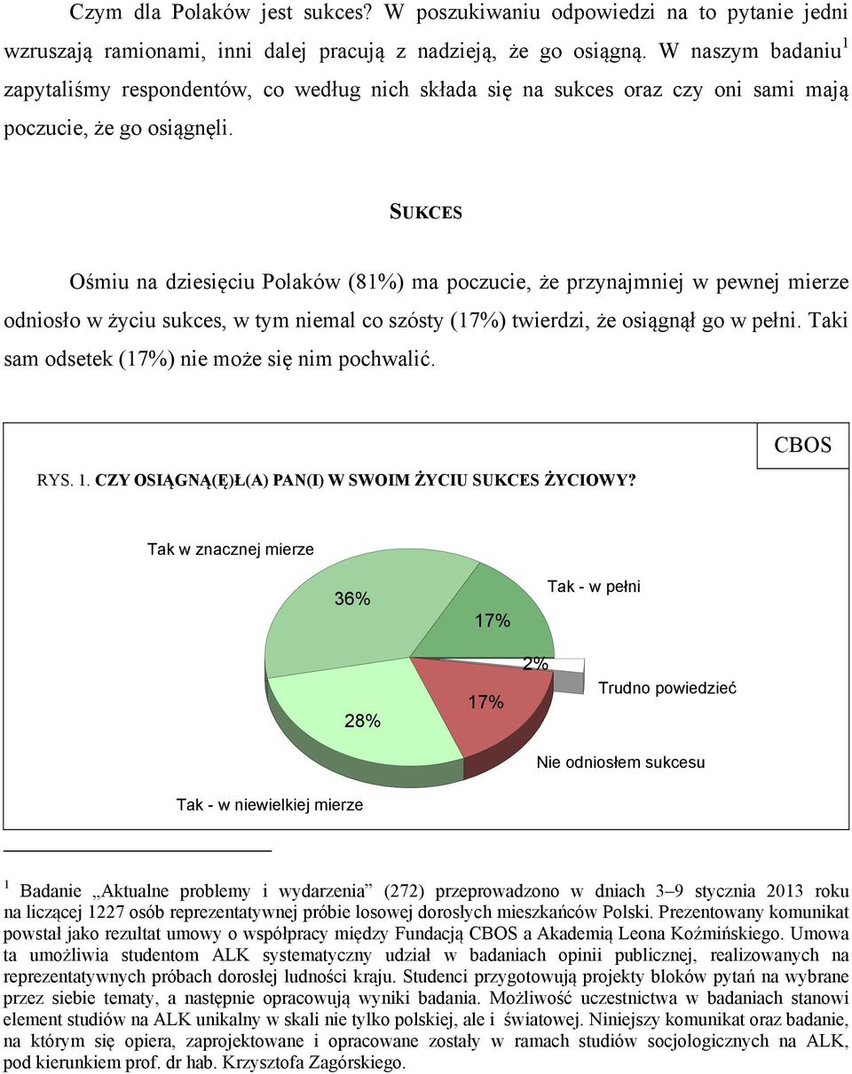 SUKCES Ośmiu na dziesięciu Polaków (81%) ma poczucie, że przynajmniej w pewnej odniosło w życiu sukces, w tym niemal co szósty (17%) twierdzi, że osiągnął go w pełni.